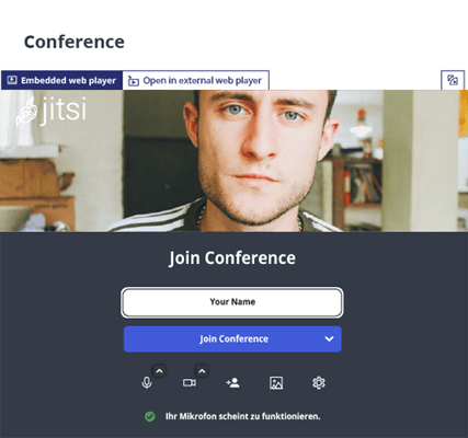 Screenshot of a user opening an event within a platform based on Innoft B2B platform building kit LoftOS. The face of the user is displayed, as his camera is already previewing him before the start of the event. Below his graphic, there is the option to fill in a name, underneath which he can click a button to join the event.