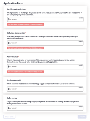 Screenshot of an application form within a platform based on Innoft B2B platform building kit LoftOS