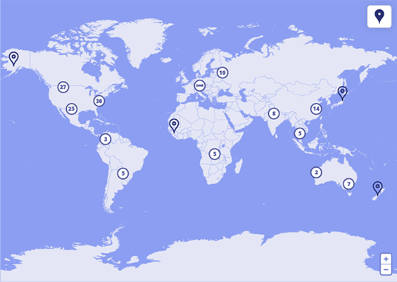 Screenshot einer Weltkarte, die die Standorte aktueller Angebote oder Gegsuche von Nutzern innerhalb einer Plattform auf Basis des Innoft B2B-Plattformbaukastens LoftOS anzeigt